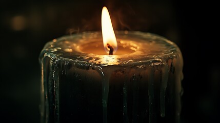 A single candle burning brightly, casting a warm glow in the darkness, with melted wax dripping down the sides.