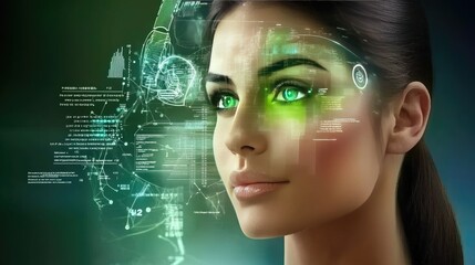Poster - Beauty tech concept featuring a woman face being scanned by a glowing device. Digital charts analyze skin texture and health in real time.