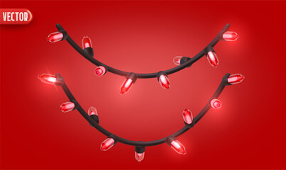 Wall Mural - festive christmas red string lights brightly glowing. realistic 3d new year decorations garland isol