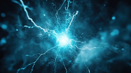 Abstract blue energy burst with glowing light and sparks in dark background.