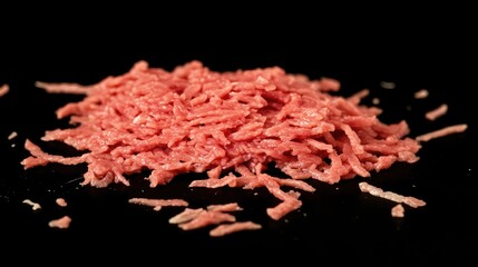 Freshly minced raw beef placed on a black background, ready for cooking. The texture and color emphasize its quality as a healthy ingredient.