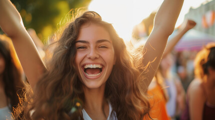 Wall Mural - A woman with long hair is smiling and holding her arms up in the air