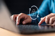 © Take Production - privacy, safe, password, safety, identity, encryption, access, confidential, network, system. A person is typing on a laptop with a keypad and a lock symbol on the screen.