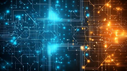 Poster - Abstract digital circuit board background with glowing blue and orange lines.