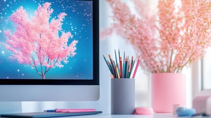 Poster - A desk setup for digital art, featuring a computer monitor showcasing a complex illustration, a graphics tablet, and various art supplies.