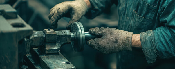 worker operating lathe machine, shaping metal part with precision and care. focus on craftsmanship is evident in detailed work being done