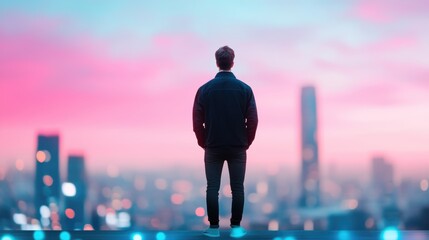 Poster - A person standing on a rooftop, looking out at the city skyline, feeling connected to the world through technology.