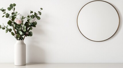 Poster - A sleek, white wall showcases a round mirror with a metallic frame and a tall ceramic vase filled with fresh eucalyptus and a delicate pink rose, creating a tranquil atmosphere