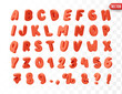 © lauritta - Red Font realistic 3d design. Complete alphabet and numbers from 0 to 9. Collection of large letters in cartoon style. Fonts are voluminous with different slants. Vector illustration