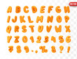 © lauritta - Orange Font realistic 3d design. Complete alphabet and numbers from 0 to 9. Collection of large letters in cartoon style. Fonts are voluminous with different slants. Vector illustration