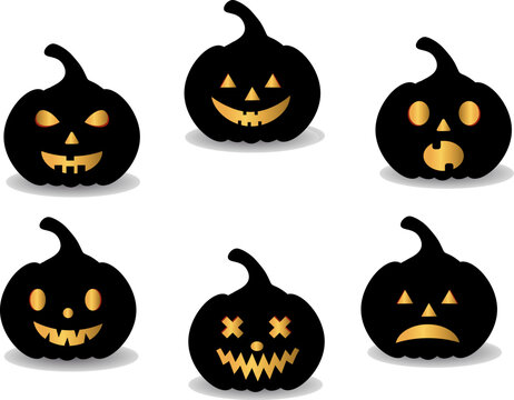 Set Halloween lantern pumpkin on grey background. The main symbol of the Happy Halloween holiday. A group of lit spooky Halloween pumpkins.
