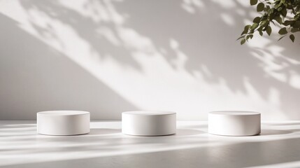 Poster - Three white pedestals of different heights are arranged on a clean white surface, casting shadows and enhancing the minimalist aesthetic, perfect for product showcases