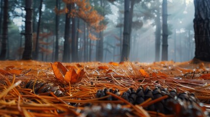 Wall Mural - Fallen Leaves and Pine Needles on Forest Floor in Autumn Mist