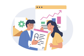 Poster - marketing and development concept in modern flat design for web. man and woman analyzing business da