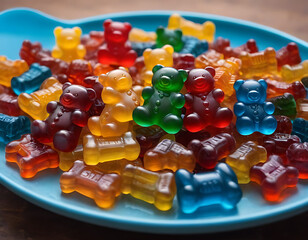 On a blue platter are different kinds of gummy candy, gummy bears, stock images, Adobe stock, viral, trending, and best-selling content
