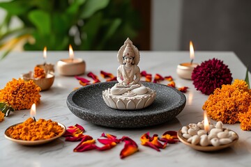 Leinwandbilder - Minimalist Dussehra puja scene, with a simple deity figure surrounded by offerings and candles in a clean, elegant style