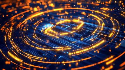 Poster - A glowing padlock symbol in the center of a digital circuit board with orange and blue lights.