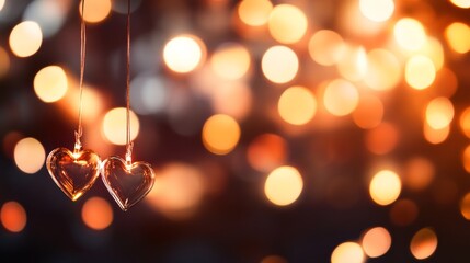 Poster - Delicate heart-shaped crystal ornaments dangle gracefully from a string, reflecting soft yellow lights that evoke a dreamy, romantic atmosphere perfect for celebrations