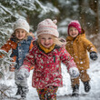 © SzymczakRadekPhoto - oyful children running through a snowy forest on a playful winter day, AI generated