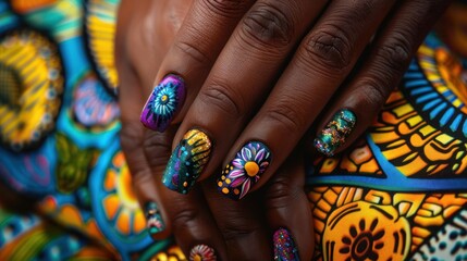 Close-up of a Hand with Colorful Floral Nail Art