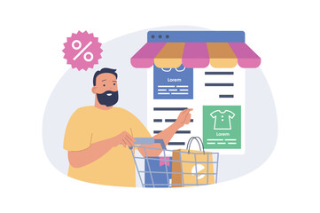Leinwandbilder - Mobile commerce concept in modern flat design for web. Man making online order in internet store with discount prices, making clothes purchases using smartphone app with payment. Vector illustration.