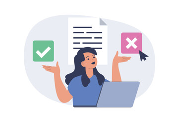 Fototapete - Online voting concept in modern flat design for web. Woman thinking, supporting and choosing her candidate in election list, making political decision in democratic survey form. Vector illustration.