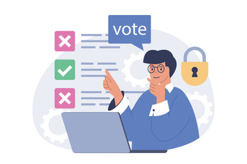 Fototapete - Online voting concept in modern flat design for web. Man analyzing candidate ratings, choosing and supporting candidate in election list, making political decision and ticking. Vector illustration.