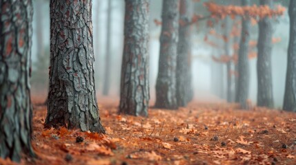 Wall Mural - Pine Tree Trunks in a Foggy Forest with Fallen Autumn Leaves