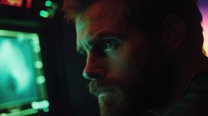 In a dimly lit environment, a bearded man stares intently at a glowing screen, showcasing deep concentration as he engages in an important task or decision-making