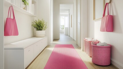 Poster - A well-lit hallway features soft natural light flooding through windows, complemented by pink accents such as bags and a vibrant rug. Potted plants add a refreshing touch to the decor.