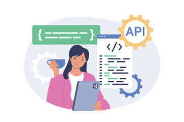 Poster - Programming concept in modern flat design for web. Woman working as administrator and managing software creations, making improvements and optimization, controlling operations. Vector illustration.