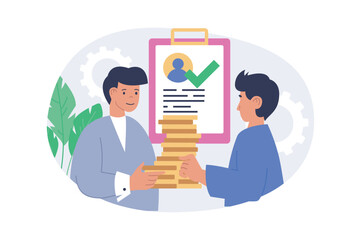 Poster - Recruitment concept in modern flat design for web. Man finding best candidate in office staff, concluding job agreement by interview meeting, hiring specialist at vacancy in team. Vector illustration.