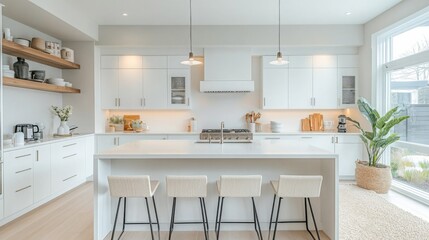 Poster - A modern kitchen with white cabinets, a large island, and a window looking out into a backyard. The kitchen features pendant lights and a plant in a woven basket.