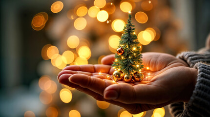 Poster - Hand Holding a Miniature Christmas Tree with Golden Bokeh Lights in the Background