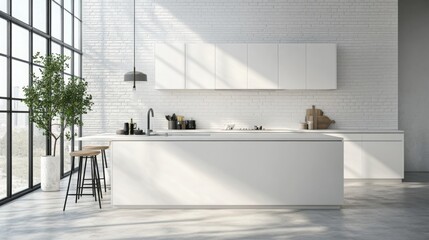 Poster - The kitchen features a spacious island with a sink and cooking area, surrounded by sleek cabinetry
