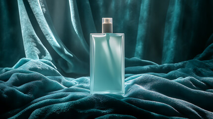 A glass bottle of perfume sits on a soft blue velvet fabric. The bottle is clear and the liquid inside is blue.