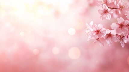 Poster - Cherry blossom branches curve elegantly across a gentle pastel pink backdrop, their translucent petals illuminated by soft light, evoking spring's transient charm