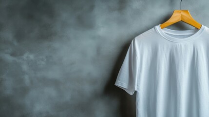 Poster - A white football jersey hangs on a wooden hanger, displaying its fit and texture against a gray concrete wall, creating a stylish backdrop for branding and advertising