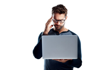 Leinwandbilder - Confused, thinking and man in studio with laptop, connection and decision for website design. Online ideas, brain fog and software developer with glasses, choice and reading email on white background