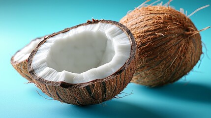 Two fresh coconut halves placed on a smooth turquoise surface, highlighting the natural texture of the rough brown shell and the smooth, white coconut flesh. Perfect for food and tropical-themed