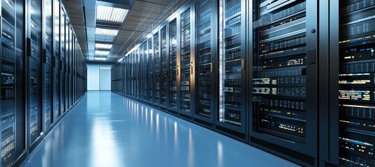 Poster - Modern Data Center With Servers in a Server Room, Technology Background, Network Security Concept.