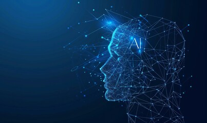 Poster - A man's head with a network of lines and dots. AI.