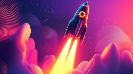 Fototapete - A futuristic rocket ship with a sleek, dark design is taking off, its twin exhausts glowing bright yellow against a vibrant purple and pink background