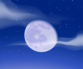 Wall Mural - Night blue sky. Full moon and clouds. Starry space. Midnight cloudscape. Cosmic constellation. Twilight sparkle. Universe starlit glitter. Celestial twinkle. Vector astronomy background