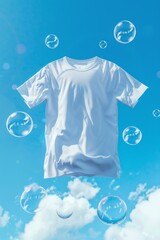 Poster - A white t-shirt floating in the air with bubbles around it. AI.