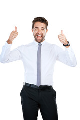 Poster - Thumbs up, excited and portrait of business man in studio with hand gesture for success, support and approval. Corporate, white background and isolated person with emoji for agreement, yes and okay