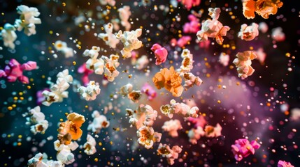 Wall Mural - A close up of a bunch of popcorn with some flowers. AI.