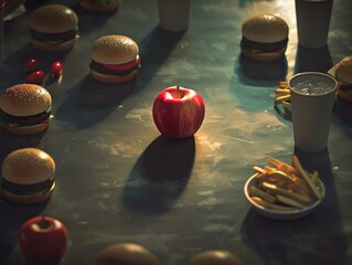 Sticker - A table with hamburgers and apple sitting on it. AI.