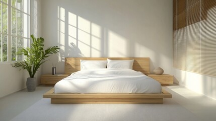 Poster - A spacious bedroom showcasing a wooden bed with soft bedding, large windows allowing ample natural light, and a touch of greenery from a potted plant, creating a serene atmosphere for relaxation.