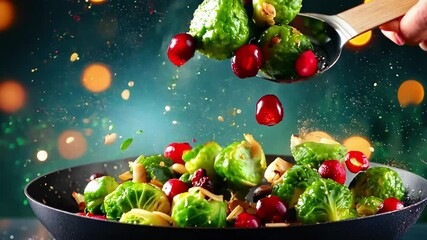 Wall Mural - person is cooking Brussels sprouts with cranberries and nuts in a black skillet.